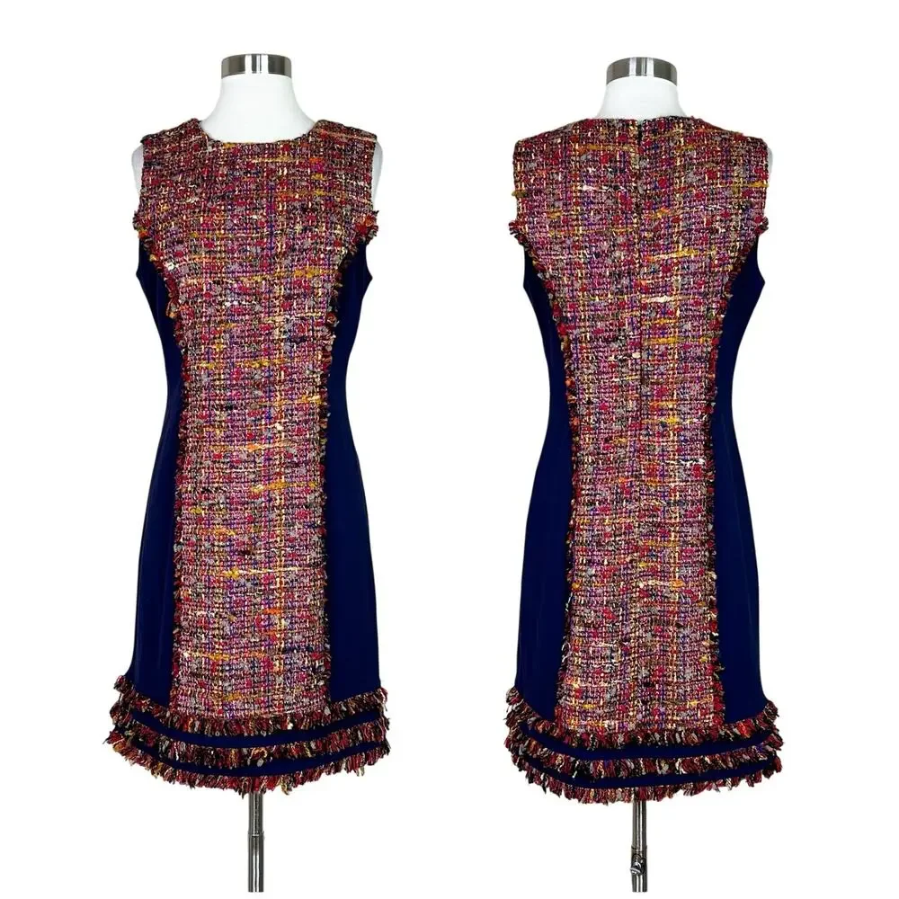 NEW DVF | Jacey Tweed Fringe Navy Blue Red Sleeveless Designer Sheath Dress 10
